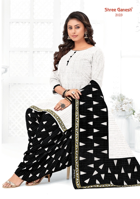 Shree Ganesh White And Black Printed Cotton Dress Material Catalog
